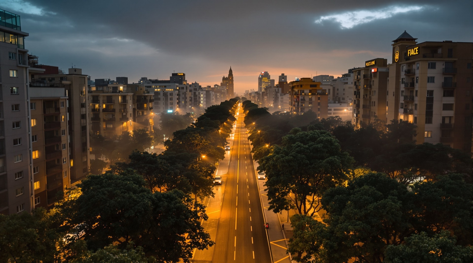 Avenida arbolada de un barrio porteño al anochecer