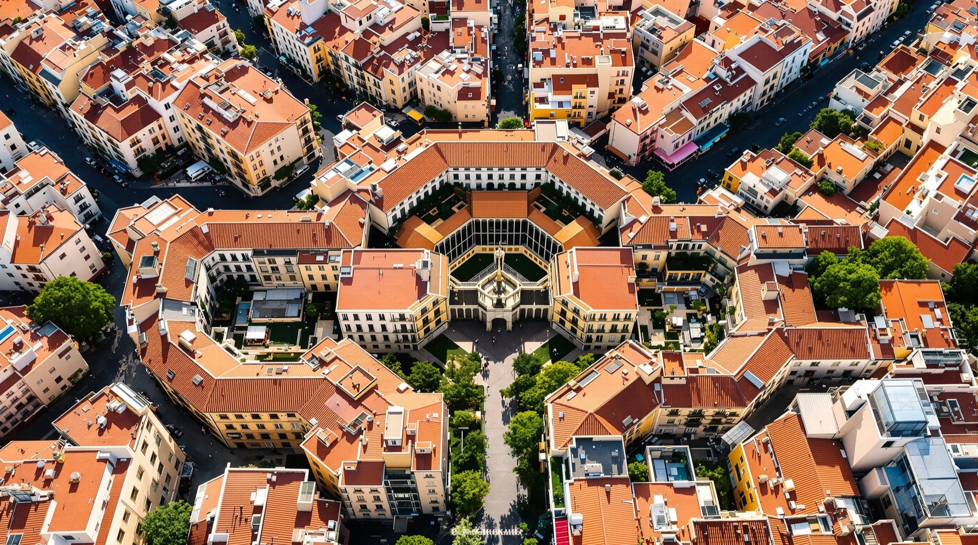 Vista aérea de la retícula urbana del Eixample con patios de manzana