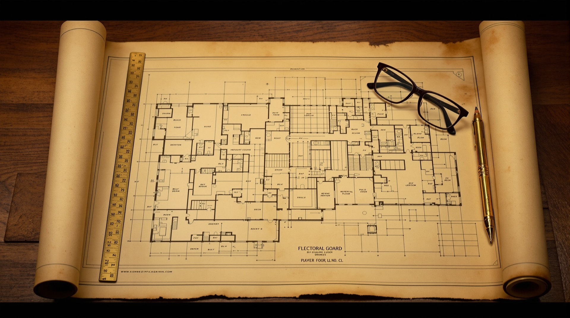 Plano arquitectónico desplegado sobre una mesa con regla y lápiz