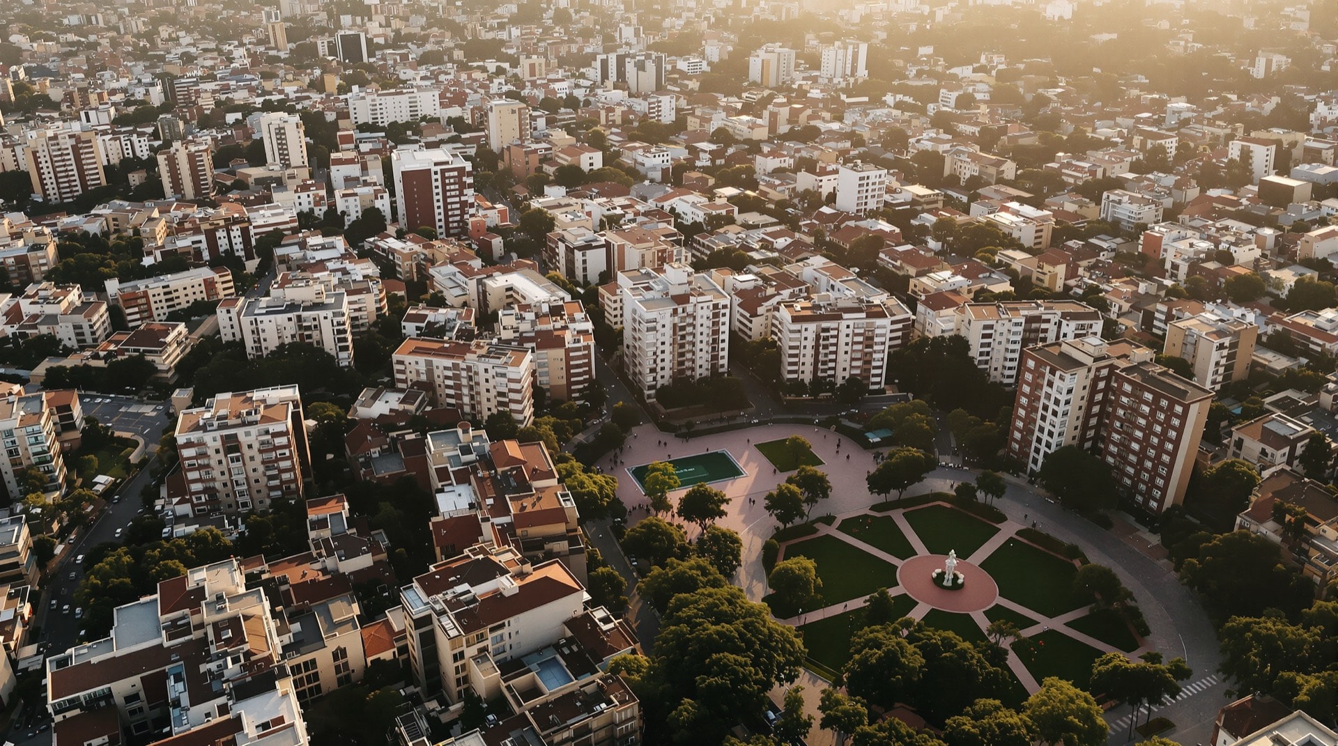 Vista aérea de un barrio residencial rioplatense con manzanas arboladas al atardecer