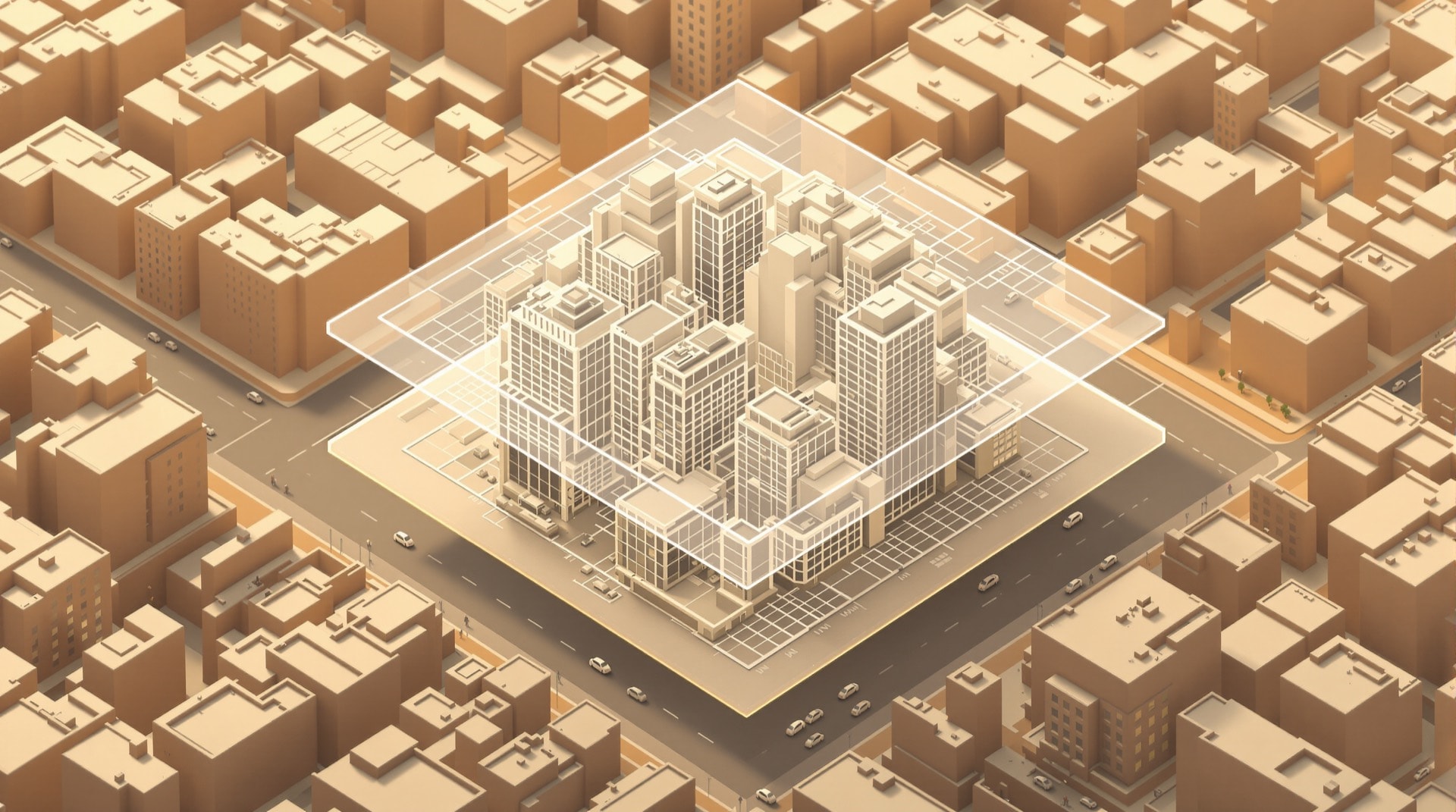 Ilustración de las capas de un mapa: plano, imagen satelital y volumen edificado