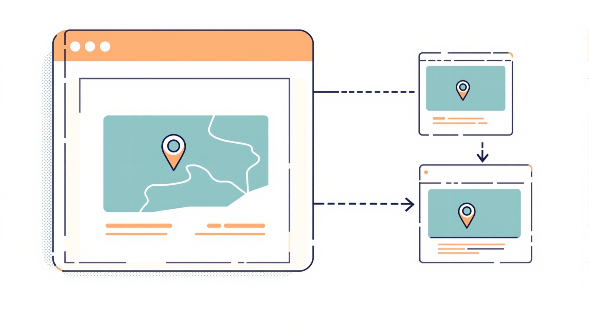 Ilustración de una web con buscador de mapas conectada a otros sitios
