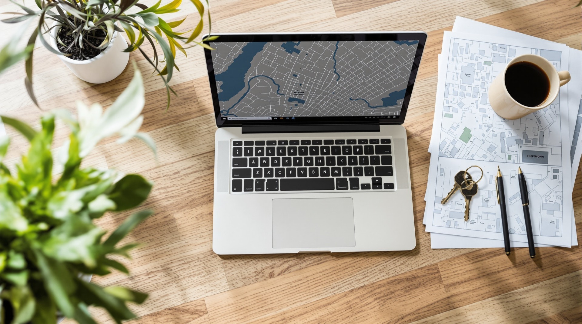 Escritorio de una oficina inmobiliaria con un plano y una computadora mostrando un mapa